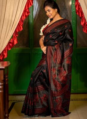 black woven silk blend kantha work all seasons sarees 2