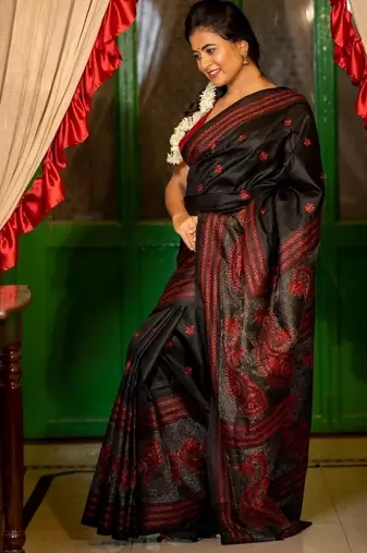 black woven silk blend kantha work all seasons sarees