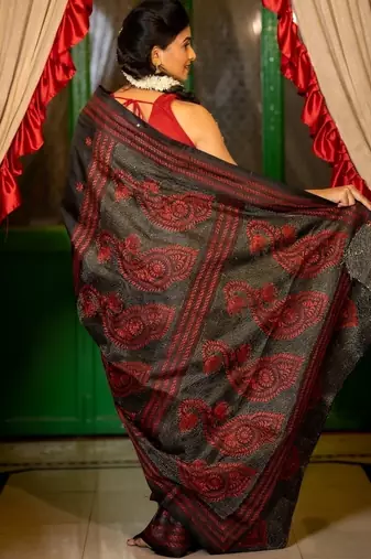 black woven silk blend kantha work all seasons sarees