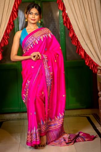 pink woven silk blend kantha work all seasons sarees