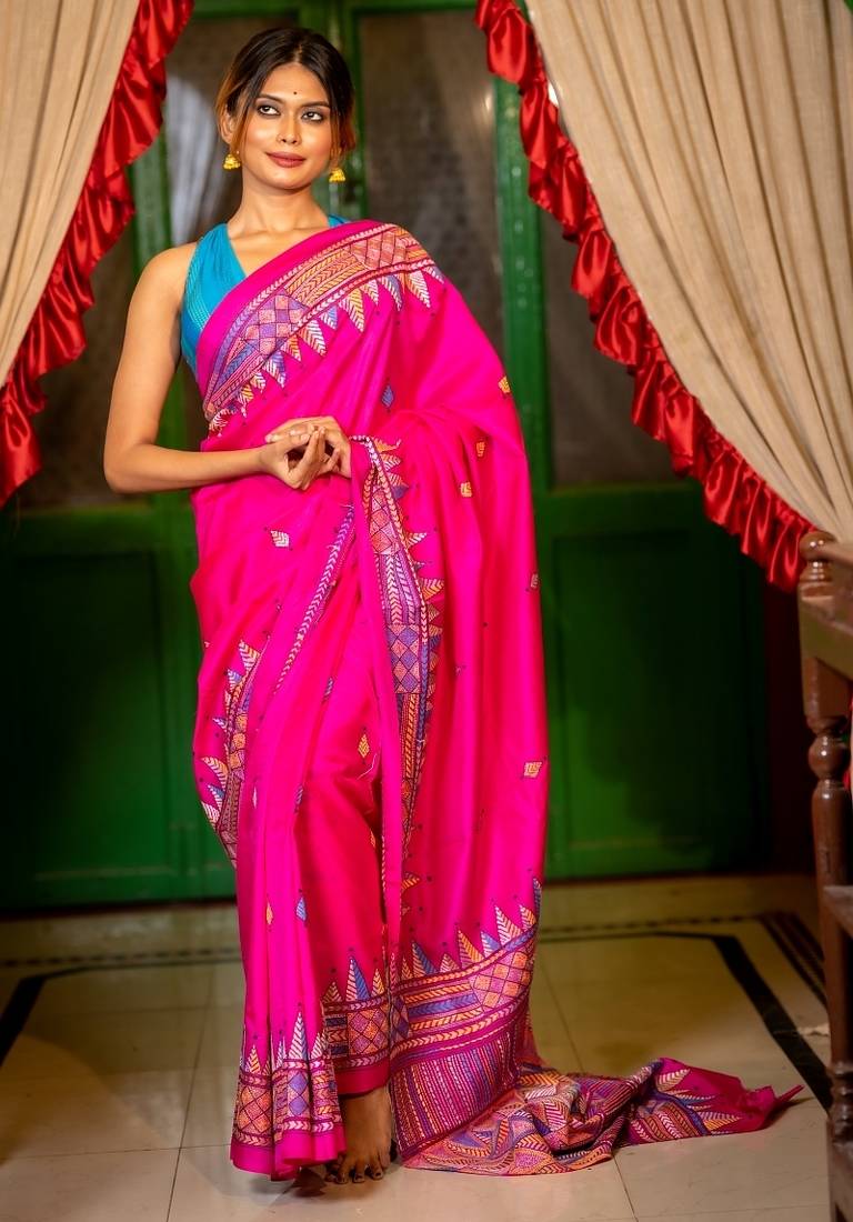 pink woven silk blend kantha work all seasons sarees