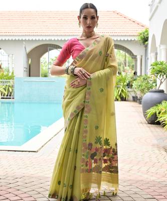 green chanderi cotton weaving reshan flower ethnic saree 1