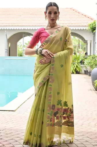 green color chanderi cotton fabric weaving reshan flower designer ethnic saree