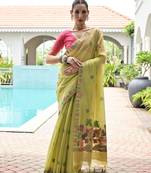 green color chanderi cotton fabric weaving reshan flower designer ethnic saree
