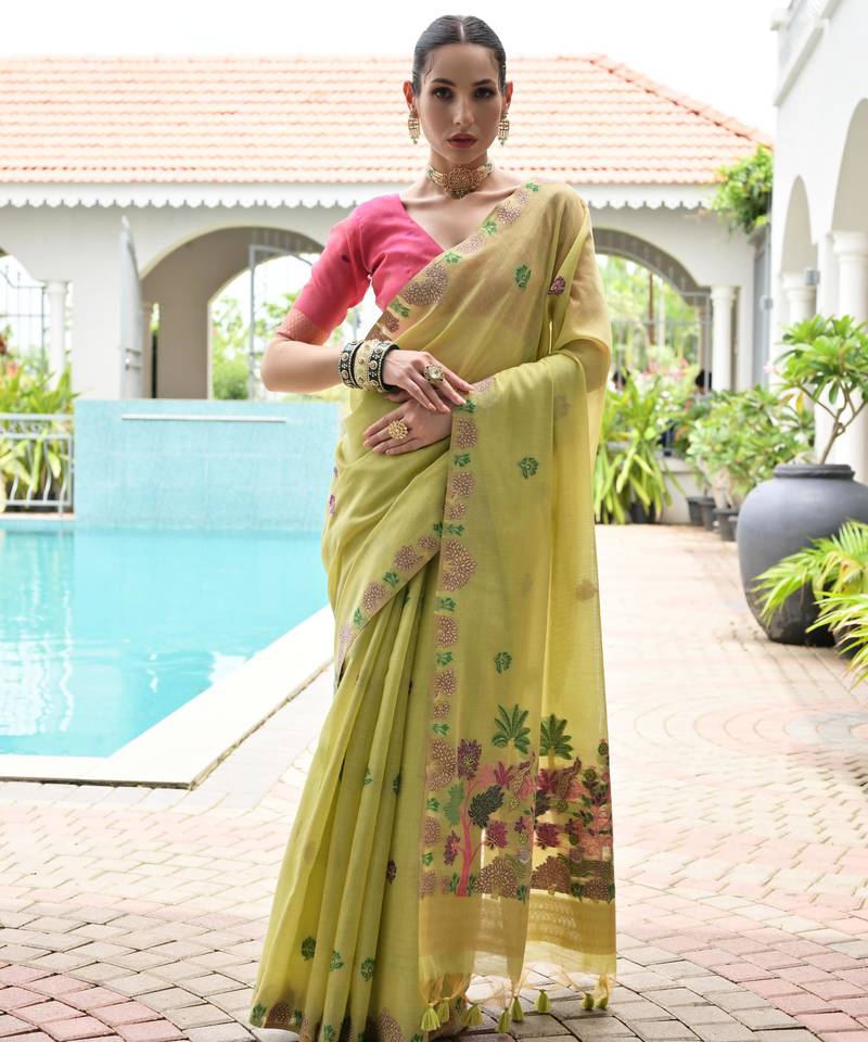 green color chanderi cotton fabric weaving reshan flower designer ethnic saree