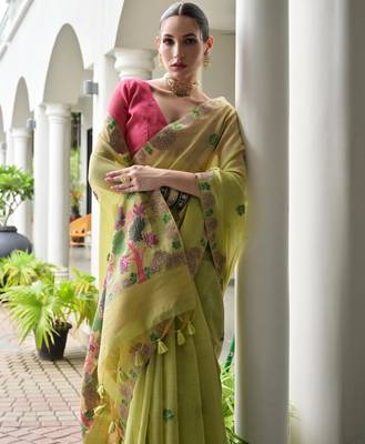 green chanderi cotton weaving reshan flower ethnic saree 3