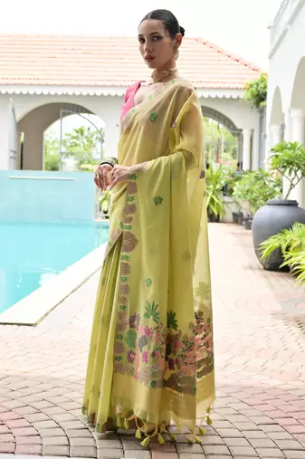 green chanderi cotton weaving reshan flower ethnic saree