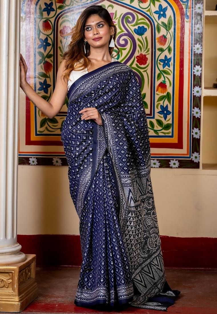 blue woven silk blend kantha work all seasons sarees