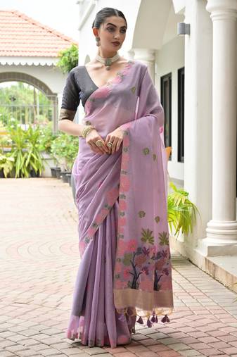 purple color chanderi cotton fabric weaving reshan flower designer ethnic saree