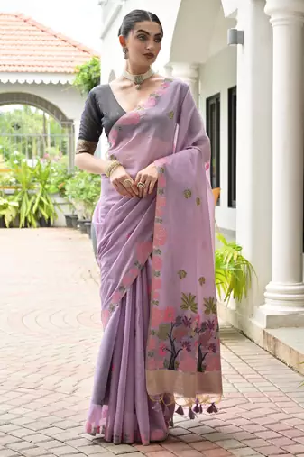 purple color chanderi cotton fabric weaving reshan flower designer ethnic saree