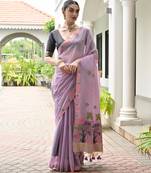 purple color chanderi cotton fabric weaving reshan flower designer ethnic saree