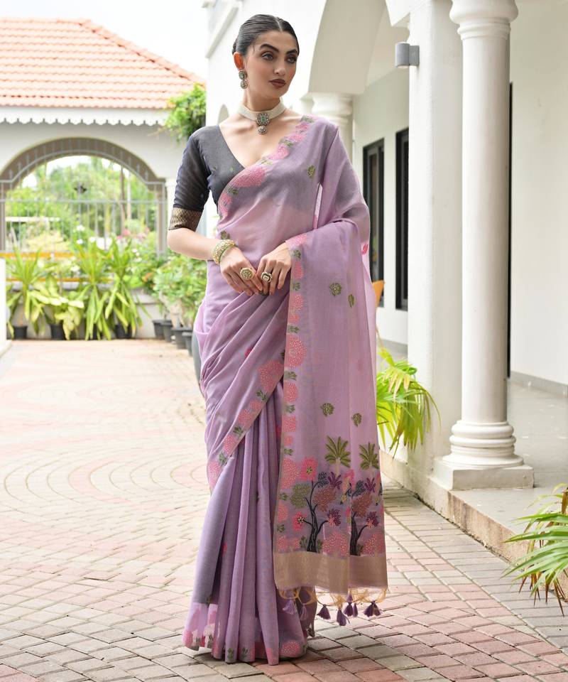 purple color chanderi cotton fabric weaving reshan flower designer ethnic saree