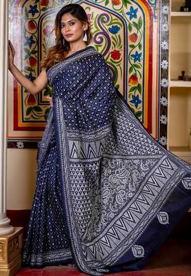 blue woven silk blend kantha work all seasons sarees 3