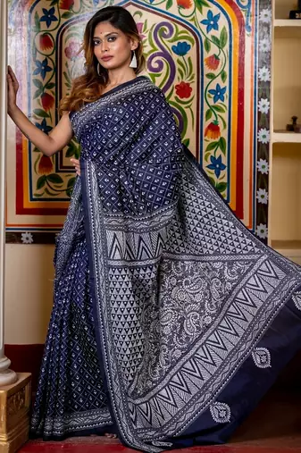 blue woven silk blend kantha work all seasons sarees
