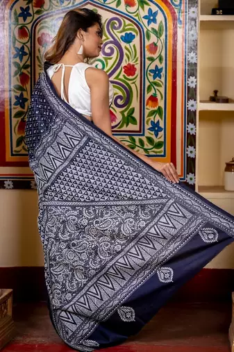blue woven silk blend kantha work all seasons sarees
