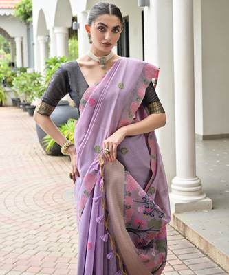purple chanderi cotton weaving reshan flower ethnic saree 3