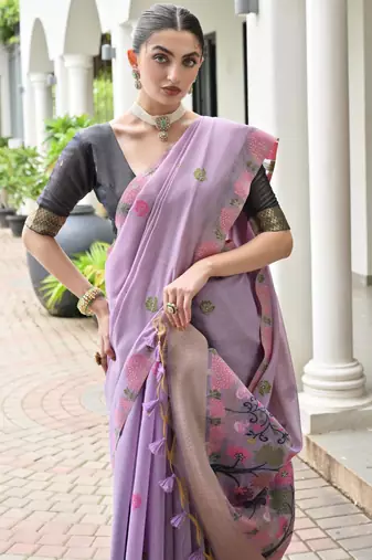 purple chanderi cotton weaving reshan flower ethnic saree
