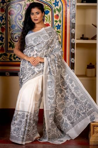 white woven silk blend kantha work all seasons sarees