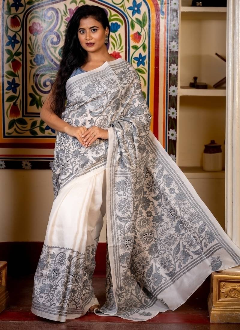 white woven silk blend kantha work all seasons sarees