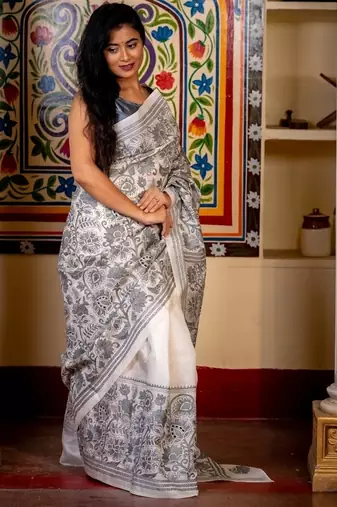 white woven silk blend kantha work all seasons sarees