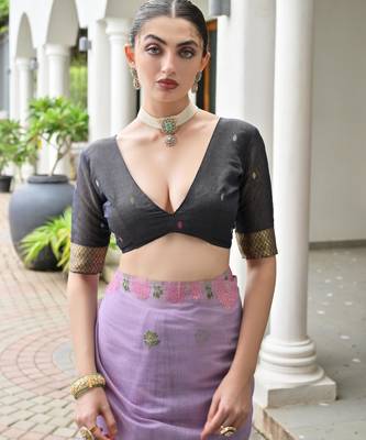 purple chanderi cotton weaving reshan flower ethnic saree 5