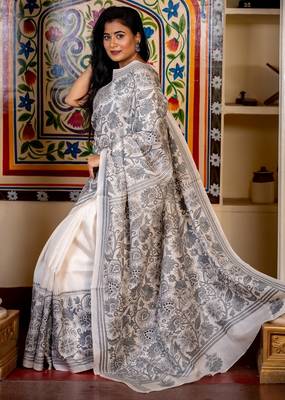 white woven silk blend kantha work all seasons sarees 3