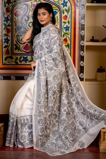 white woven silk blend kantha work all seasons sarees