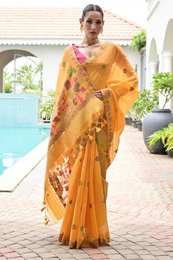 orange color chanderi cotton fabric weaving reshan flower designer ethnic saree