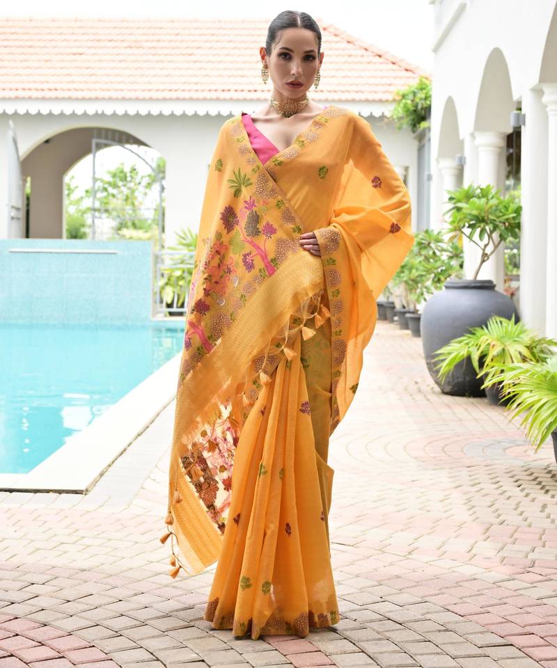 orange color chanderi cotton fabric weaving reshan flower designer ethnic saree
