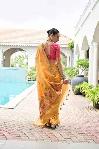 orange chanderi cotton weaving reshan flower ethnic saree