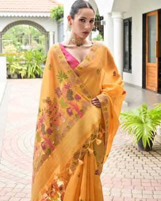 orange chanderi cotton weaving reshan flower ethnic saree 3