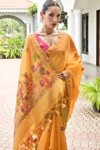 orange chanderi cotton weaving reshan flower ethnic saree