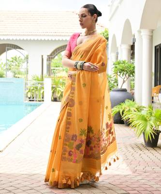 orange chanderi cotton weaving reshan flower ethnic saree 4