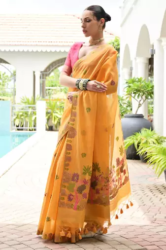 orange chanderi cotton weaving reshan flower ethnic saree