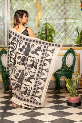 beige hand woven tussar kantha work all seasons sarees 4