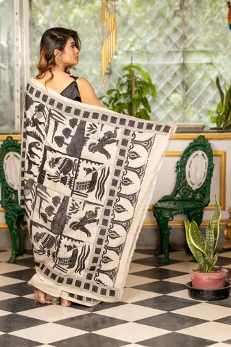 beige hand woven tussar kantha work all seasons sarees