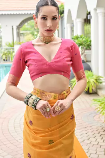 orange chanderi cotton weaving reshan flower ethnic saree