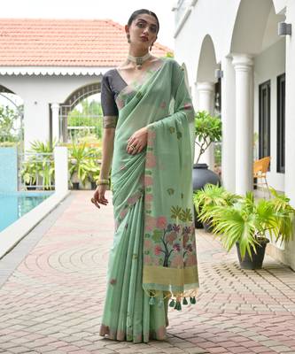pista chanderi cotton weaving reshan flower ethnic saree 1