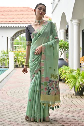 pista color chanderi cotton fabric weaving reshan flower designer ethnic saree