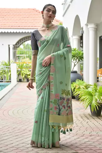 pista color chanderi cotton fabric weaving reshan flower designer ethnic saree