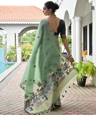 pista chanderi cotton weaving reshan flower ethnic saree 2