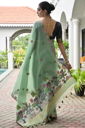 pista chanderi cotton weaving reshan flower ethnic saree