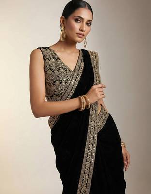 Black Color Plain With Embroidery And Sequins Work Viscose Velvet Saree 1