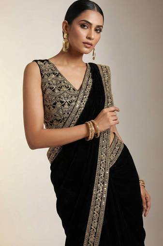 Black Color Plain With Embroidery And Sequins Work Viscose Velvet Saree