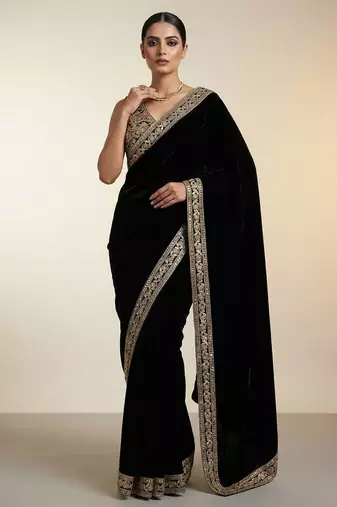 Black Color Plain With Embroidery And Sequins Work Viscose Velvet Saree