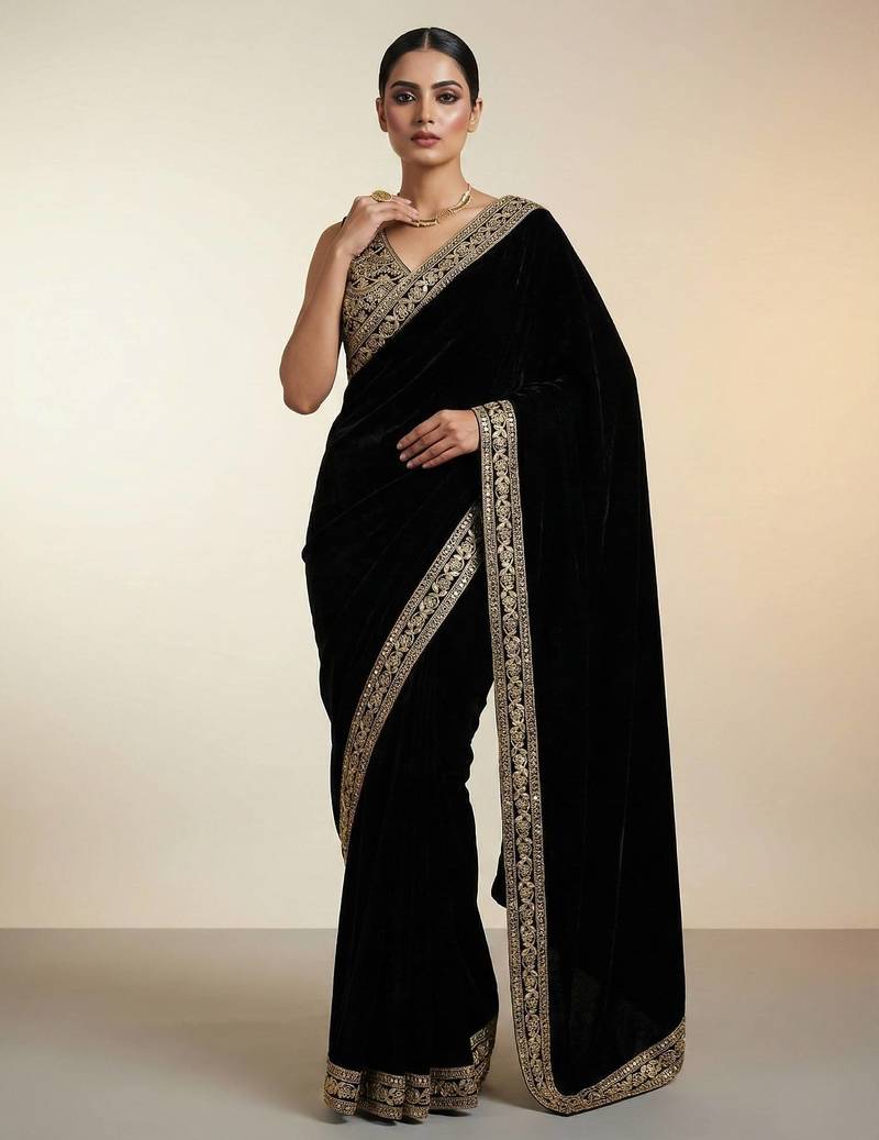 Black Color Plain With Embroidery And Sequins Work Viscose Velvet Saree