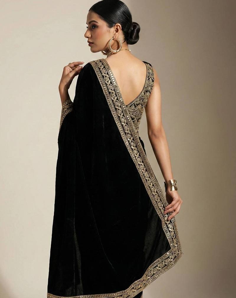 Black Color Plain With Embroidery And Sequins Work Viscose Velvet Saree