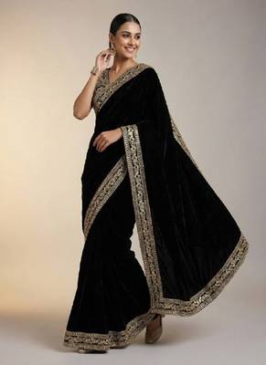 Black Color Plain With Embroidery And Sequins Work Viscose Velvet Saree 3