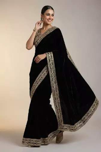 Black Color Plain With Embroidery And Sequins Work Viscose Velvet Saree