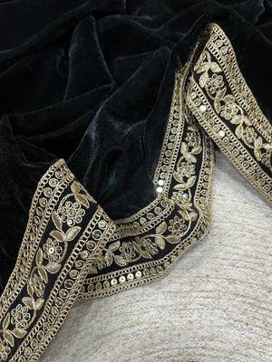 Black Color Plain With Embroidery And Sequins Work Viscose Velvet Saree 4